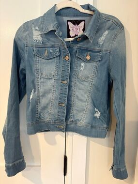 S.P.I. Couture Light Wash Distressed Denim Jacket Size Small